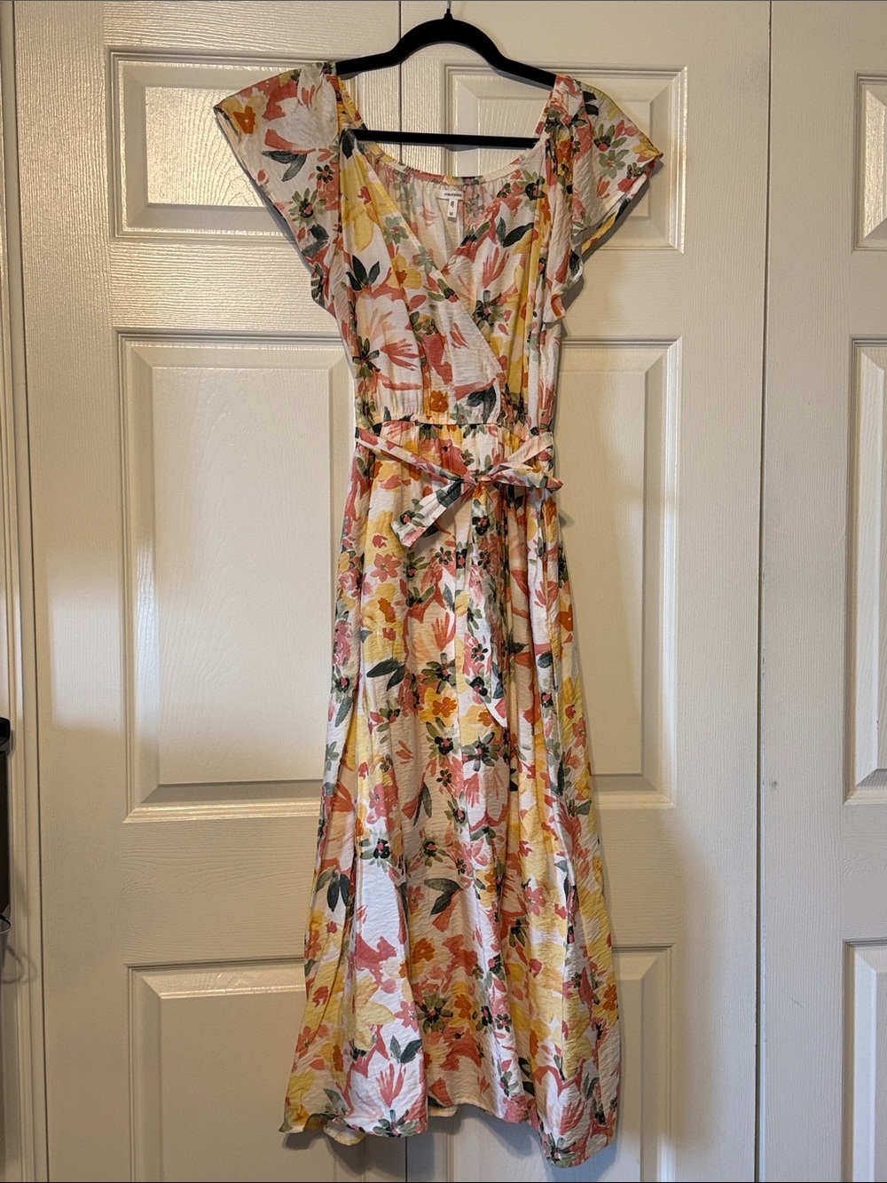 Summer Crepe Floral Midi Dress in Yellow and Pink
